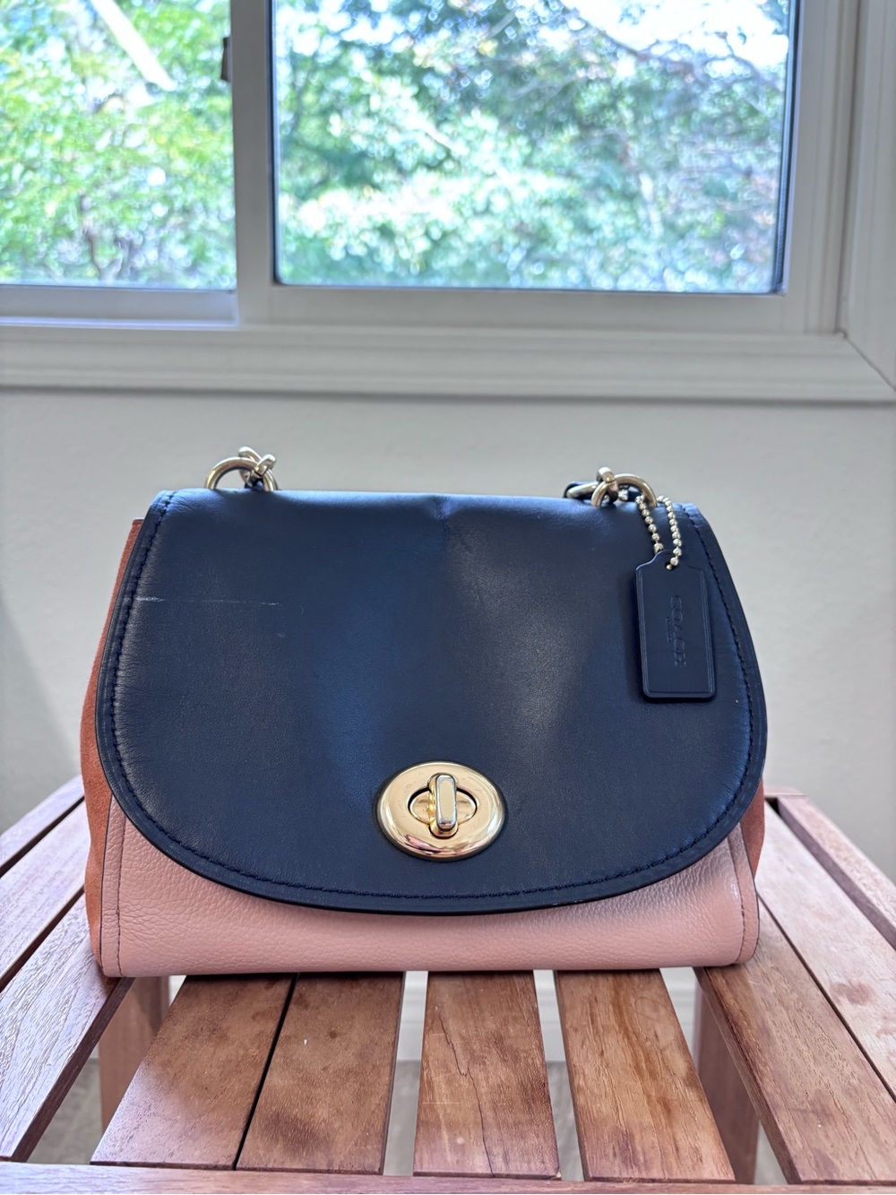 Coach Two-Tone Leather Shoulder Bag in Navy and Blush Pink